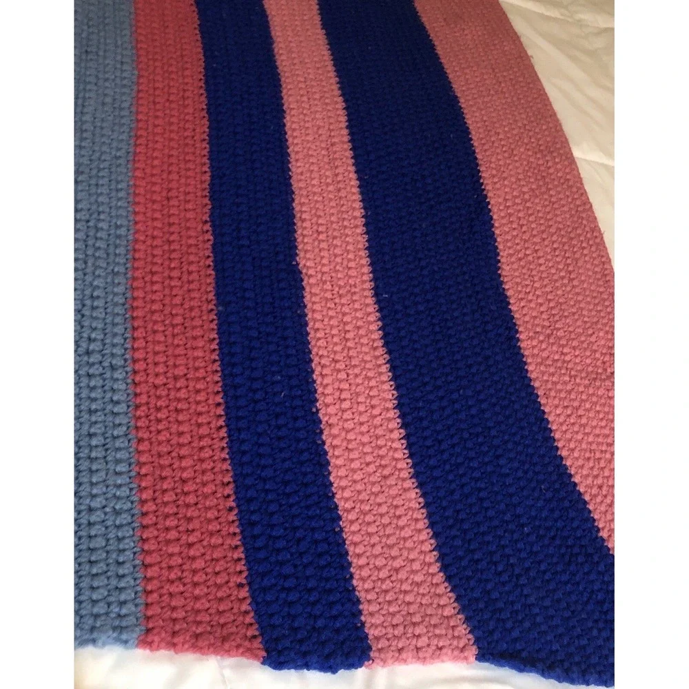 Four toned Stripes Pretty Pink Blue Vintage Afghan Cozy Couch‎ Throw Blanket